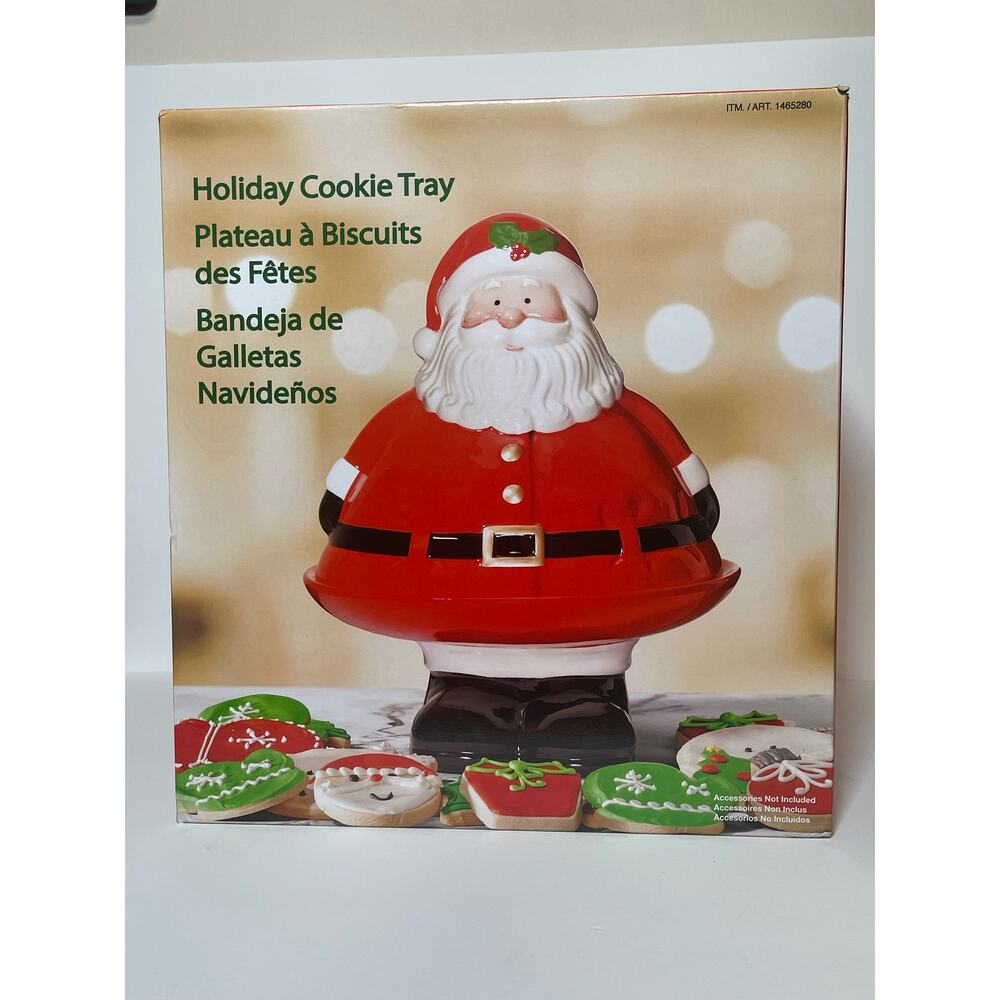 Holiday Christmas Hand Painted SANTA Piece Cookie Tray Plate & Lid  13" NWT